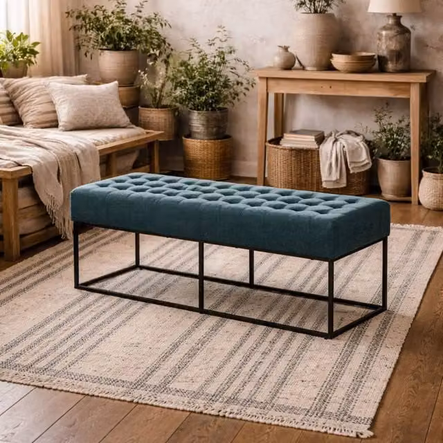 Wyld Haus Cavan Upholstered Diamond Bench in Dark Blue, W/D/H: 100 x 41.5 x 46.5 cm – 1