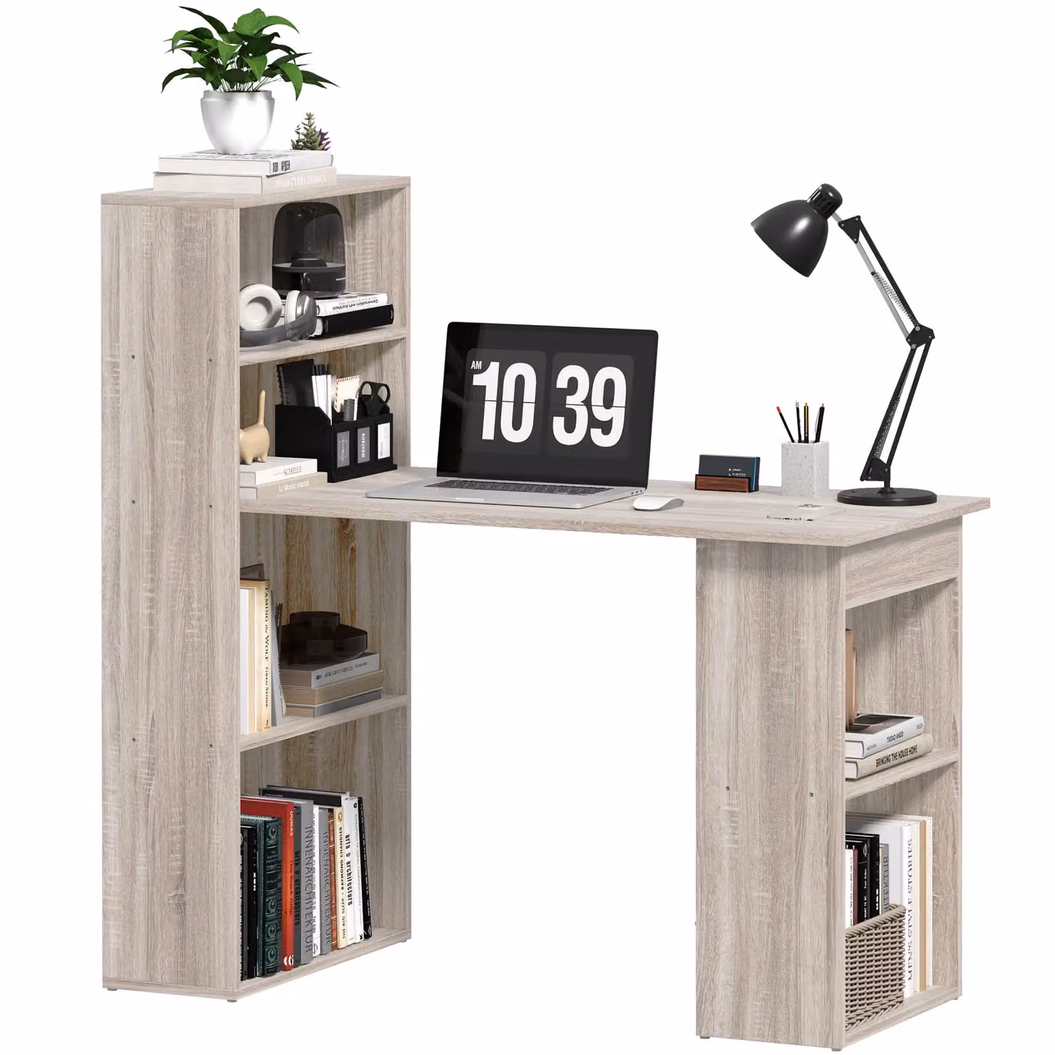 HOMCOM Grey Computer Desk with 6-Tier Bookshelf, Modern Wooden Writing Workstation for Home Office, W: 120 cm, D: 55 cm, H: 24 cm – 2