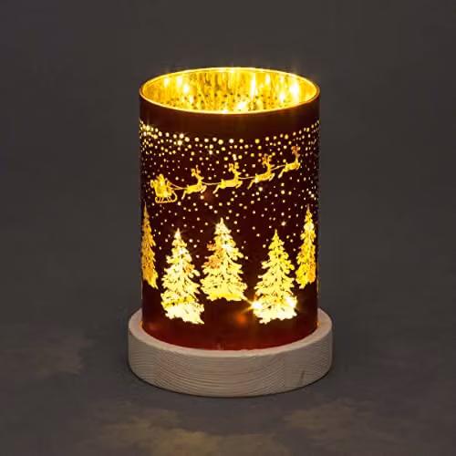 Shatchi Christmas Decorated Red Glass Cylinder Vase Table Lamp with Santa Sleigh Scene, H 16 cm x W 11 cm x D 11 cm – 1