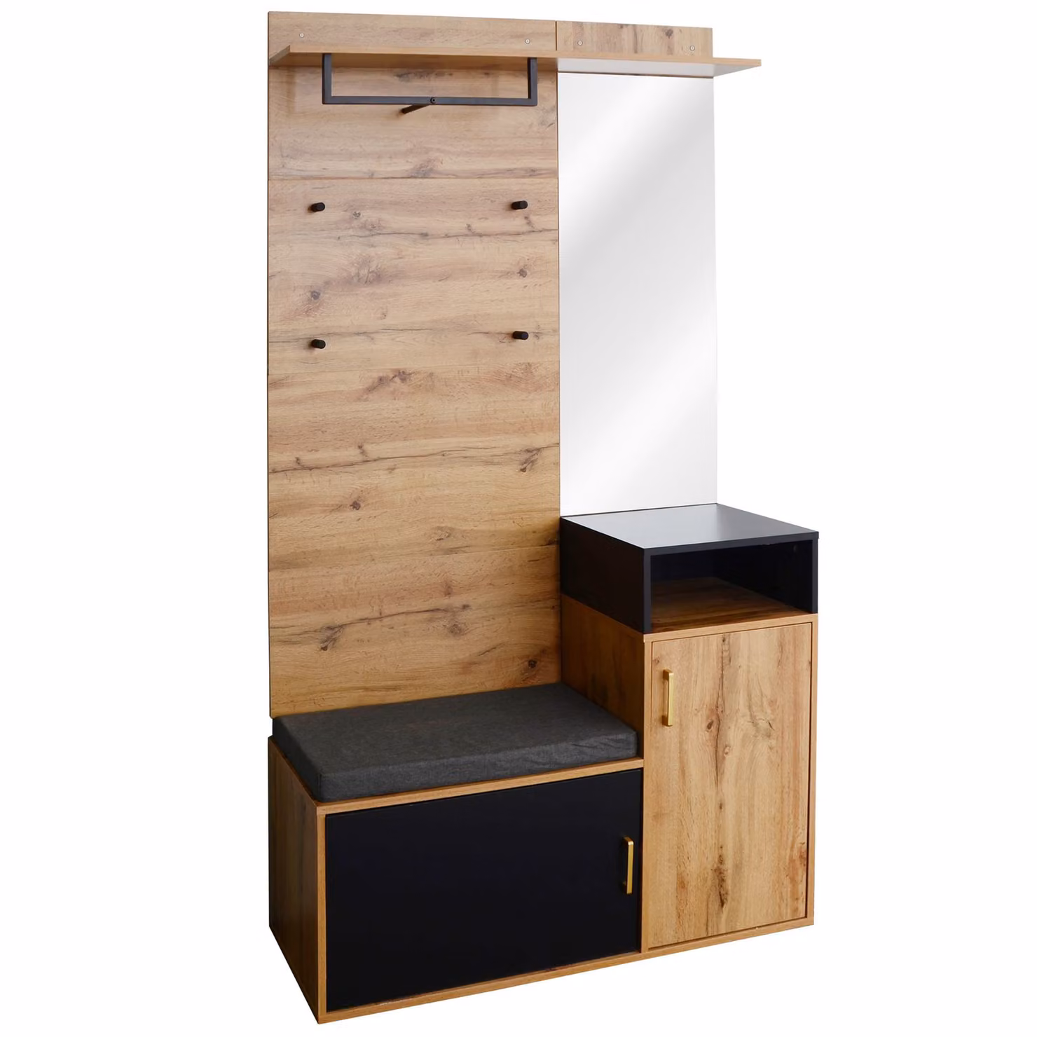 Aosom UK Modern Hallway Wardrobe with Mirror, Shoe Cabinet and Bench Seat in Black and Brown, H 191 x W 105 x D 40 cm – 2