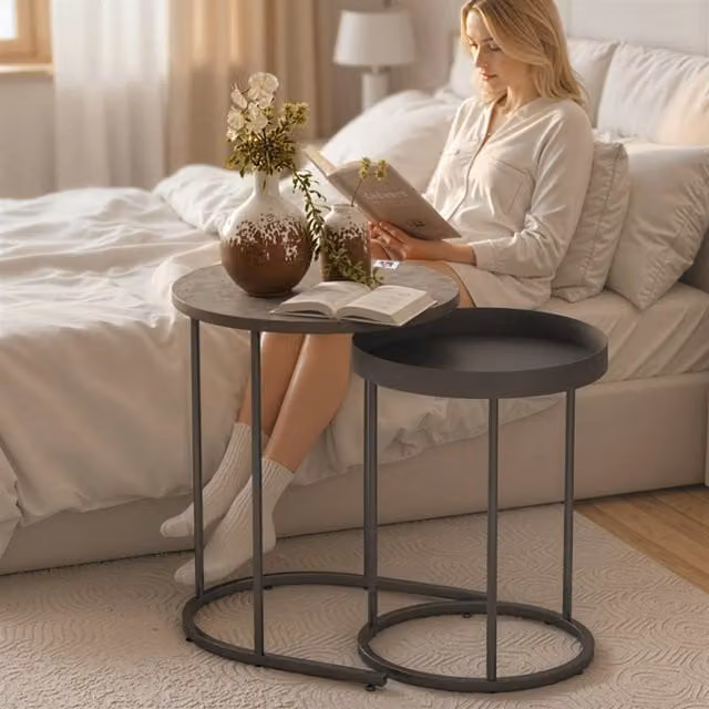 STILVORA Nesting Side Tables Set of 2 with Metal Frame in Grey and Black