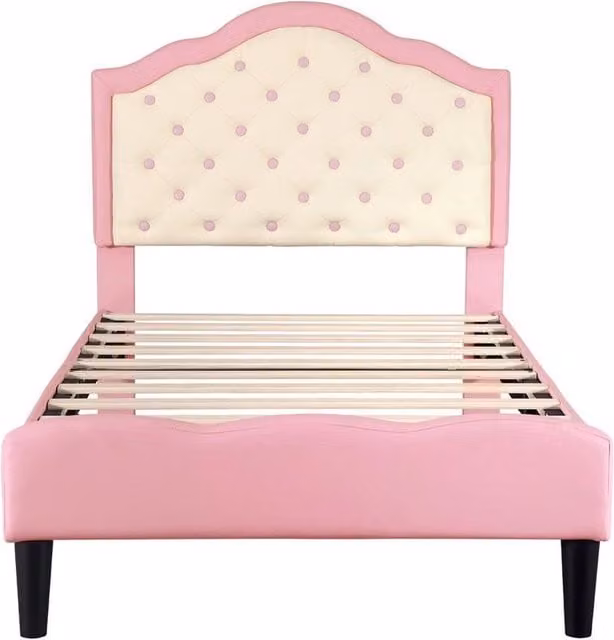 KORVIXA Pink Upholstered Single Bed with Headboard and Slatted Frame, W/D/H: 90 x 190 cm