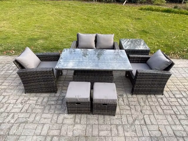 Fimous Outdoor Rattan Garden Dining Set with Rising Lifting Table and Side Table in Dark Grey