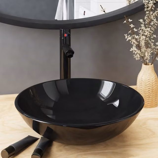 Berkfield Home Round Black Tempered Glass Countertop Bathroom Sink with Tap and Push Drain – 1