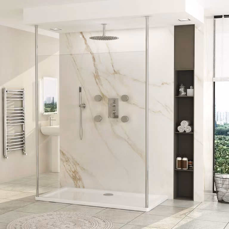 Royal Bathrooms Marbella Walk Through Wet Room Shower Screen with 8mm Clear Glass and 2 Chrome Ceiling Poles, Width: 185 cm