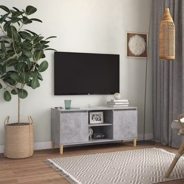 Berkfield Home TV Cabinet in Concrete Grey with Solid Wood Legs, W: 103.5 cm, D: 35 cm, H: 50 cm