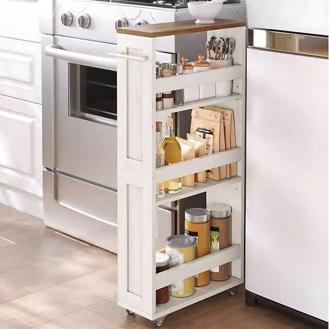 The Bazaarist Slim 4 Tier Rolling Storage Trolley in Rustic White and Honey Brown