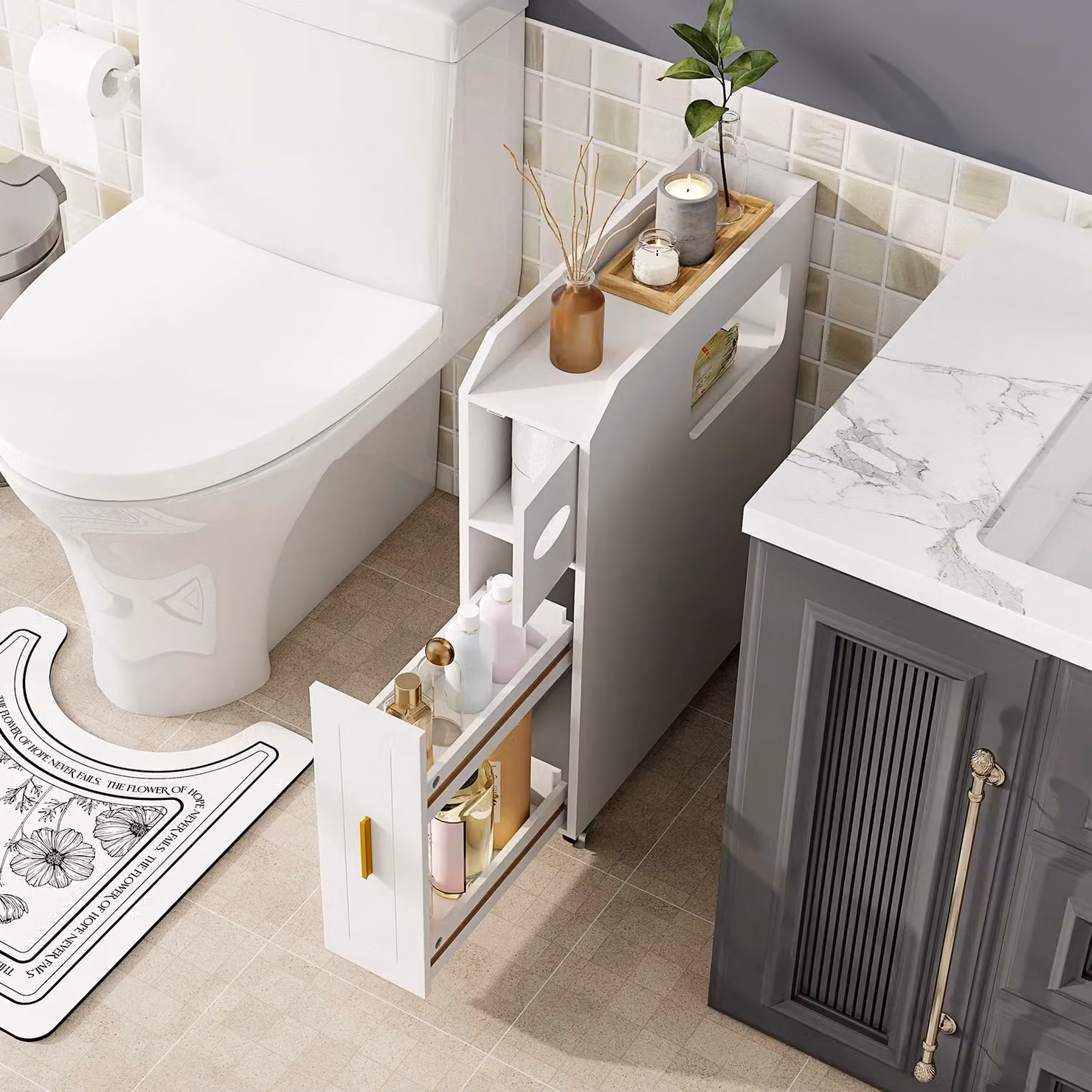 Costway Slim White Bathroom Storage Cabinet with Internal Shelves and Hinged Doors – 5