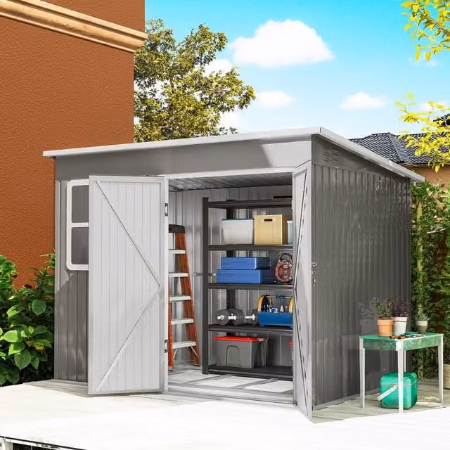 Outsunny Metal Pent Garden Shed with Foundation Kit and Window, Grey