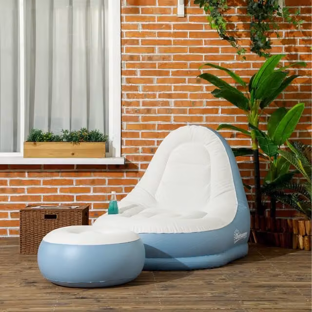 Outsunny Inflatable Chair and Footstool Set with Cup Holder in Grey, Black, White and Blue
