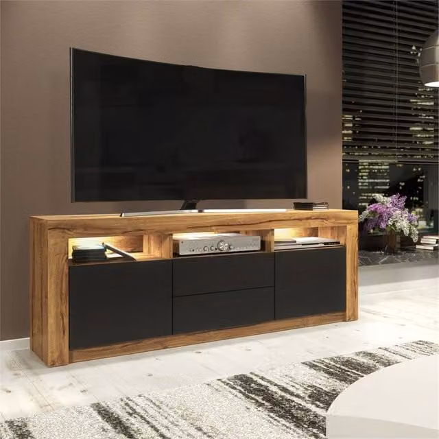 FORGEVIO Modern Oak Matt TV Stand Cabinet with Black Matt Doors in Light Oak