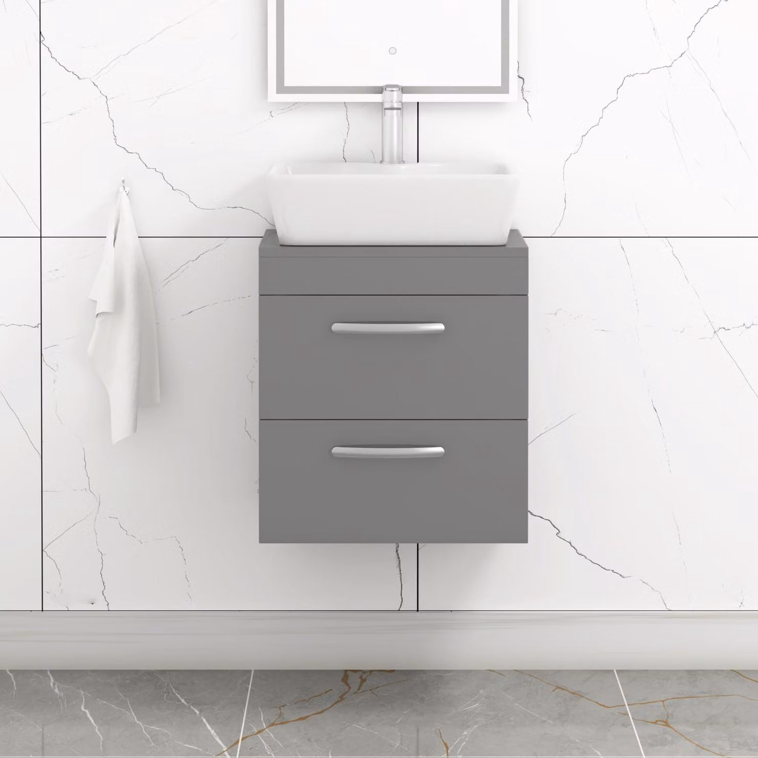 Royal Bathrooms Turin Wall Hung Vanity Unit with 2 Soft Close Drawers, Grey Matt Finish, Width: 50 cm
