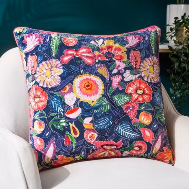 Wylder Tropics Glorine Floral Velvet Cushion, Multicolour, W/D/H: 50 x 50 x 50 cm – 1
