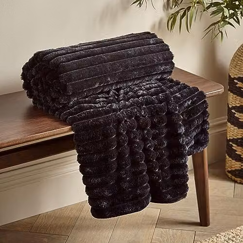 Catherine Lansfield Cosy Ribbed Faux Fur Throw Blanket, Black, W: 130 cm, L: 170 cm