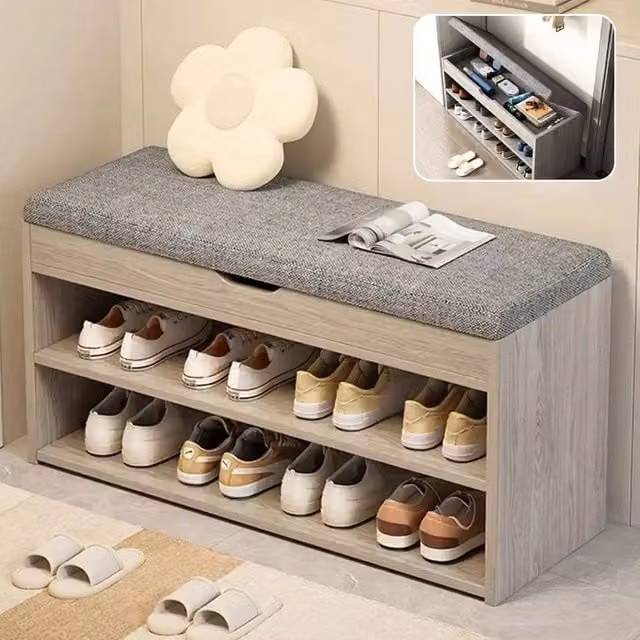 Havendro 3 Tier Shoe Storage Bench with Fabric Cushion Seat in Grey