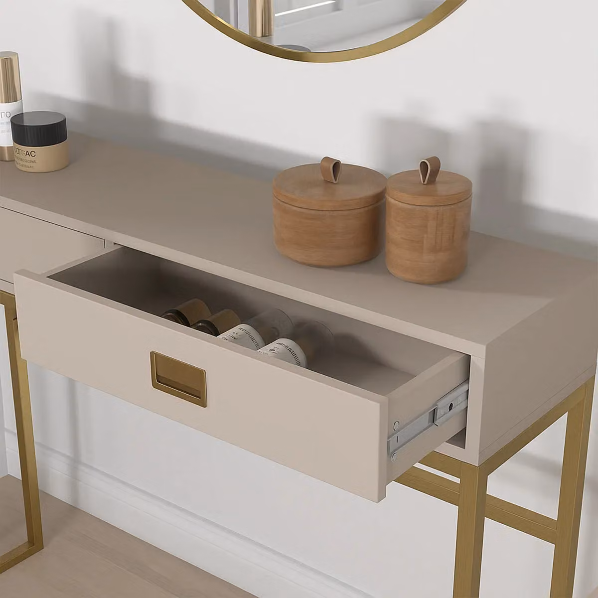 Melody Maison Elle Stone Two Drawer Console and Dressing Table in Beige and Gold – 2