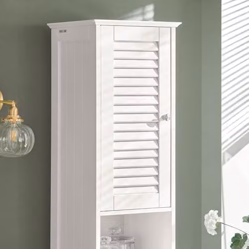 SoBuy Tall Freestanding Bathroom Storage Cabinet in White with Doors, Drawer and Open Shelf, W32 x D30 x H170 cm – 4