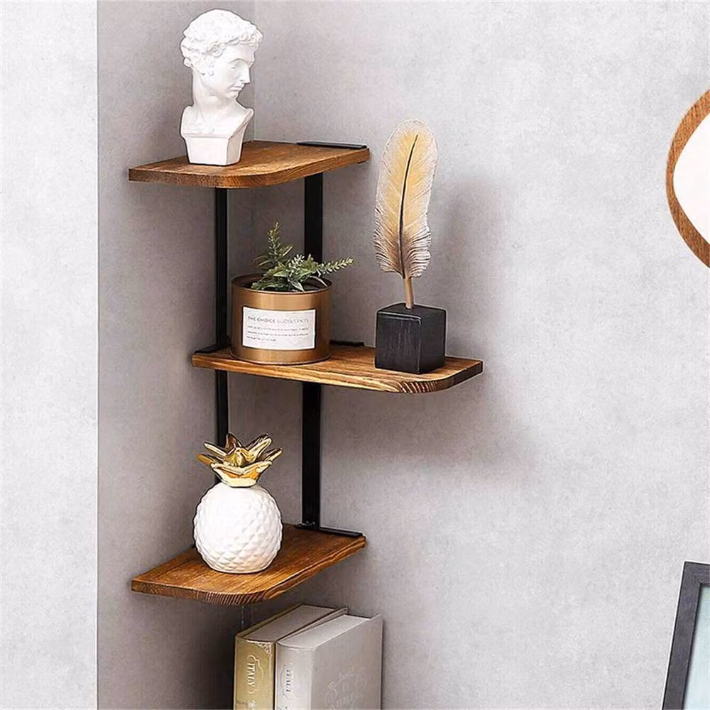 FLAVORA Retro Wooden Corner Shelf in Brown and Black – 2