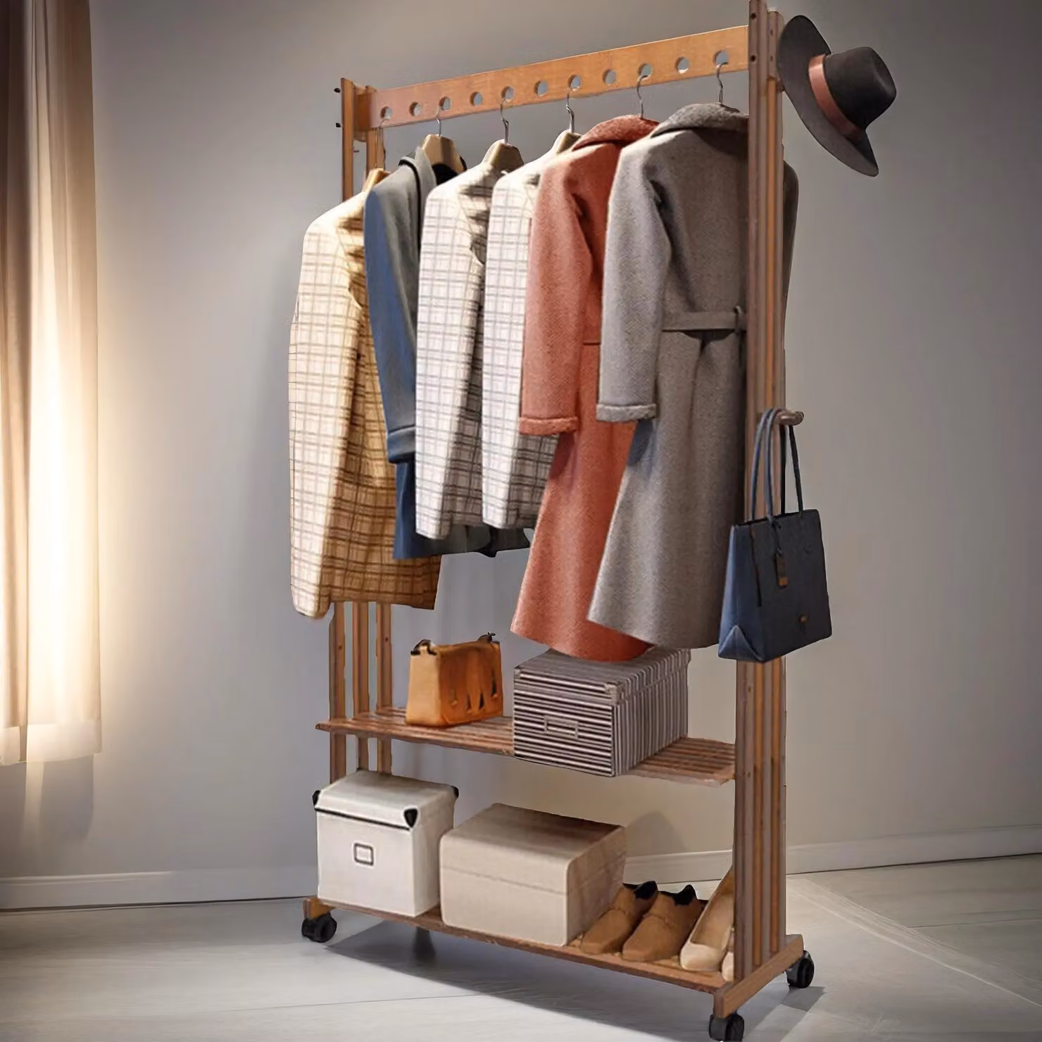 Rafaelo Mobilia Bamboo Clothes Rail with Shelves and Wheels in Dark Brown Walnut – 2