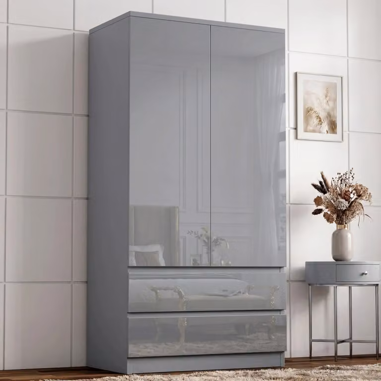 DHS High Gloss 2 Door Wardrobe with Drawers and Hanging Rail in Grey, White and Black, H 182.5 x W 80 x D 50 cm