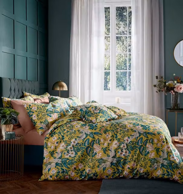 Amanda Holden Cotswold Floral Ochre Percale Cotton Duvet Cover Bedding Set