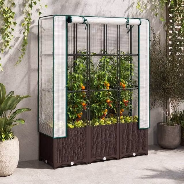 STILVORA Raised Garden Bed with Trellis and PE Cover in Brown, W/D/H: 140 x 120 x 40 cm