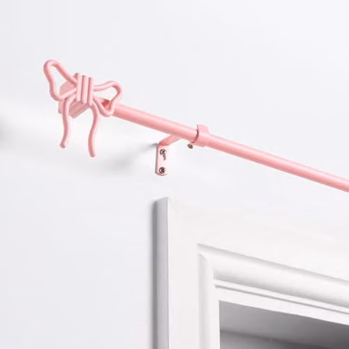 OHS Pink Extendable Metal Curtain Pole with Bow Finials, 70-120 cm
