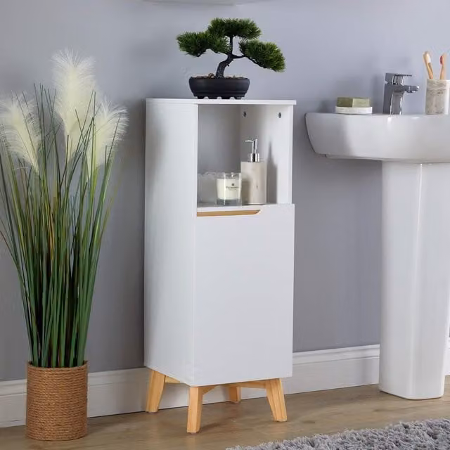 Home Source White Lacquered Pine Bathroom Floor Cabinet with Hinged Doors and Internal Shelves – 1