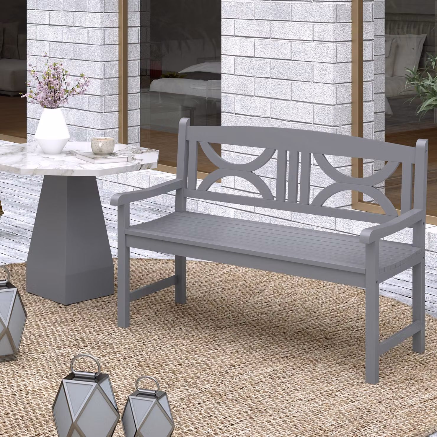 Outsunny 2-Seater Wooden Garden Bench with Armrests, Grey – 8