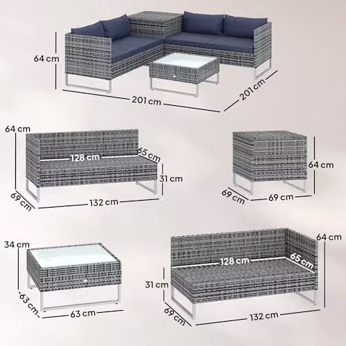 Outsunny 4 Seater L-Shape Rattan Garden Furniture Set with Storage Table and Blue Cushions – 6