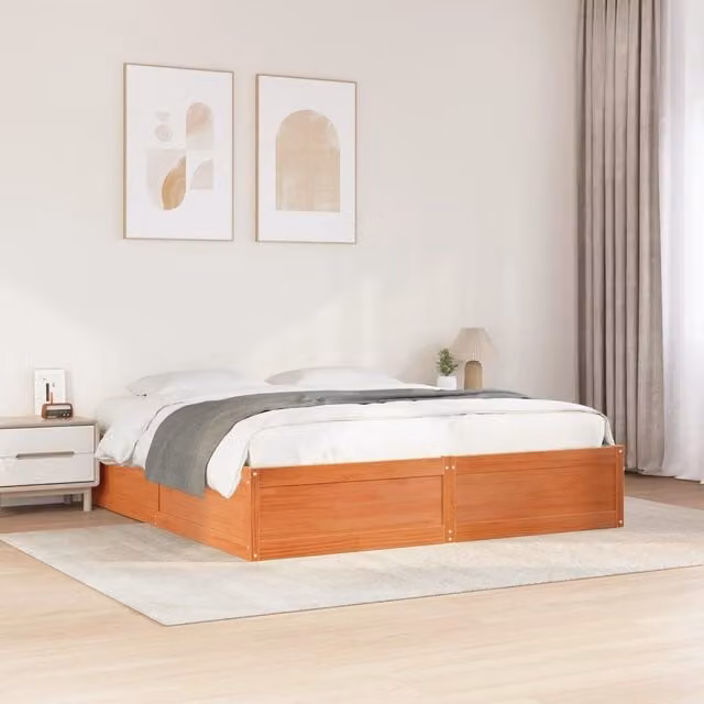 Berkfield Home Wax Brown Solid Wood Pine Bed Frame, 200 x 200 cm