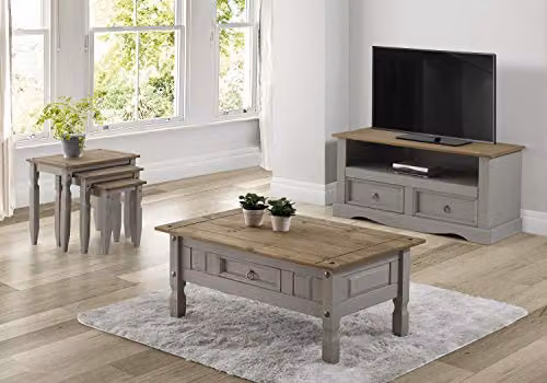 Mercers Furniture Corona Coffee Table in Grey Distressed Waxed Solid Pine with 1 Drawer, W/D/H: 95 x 50 x 45 cm – 2