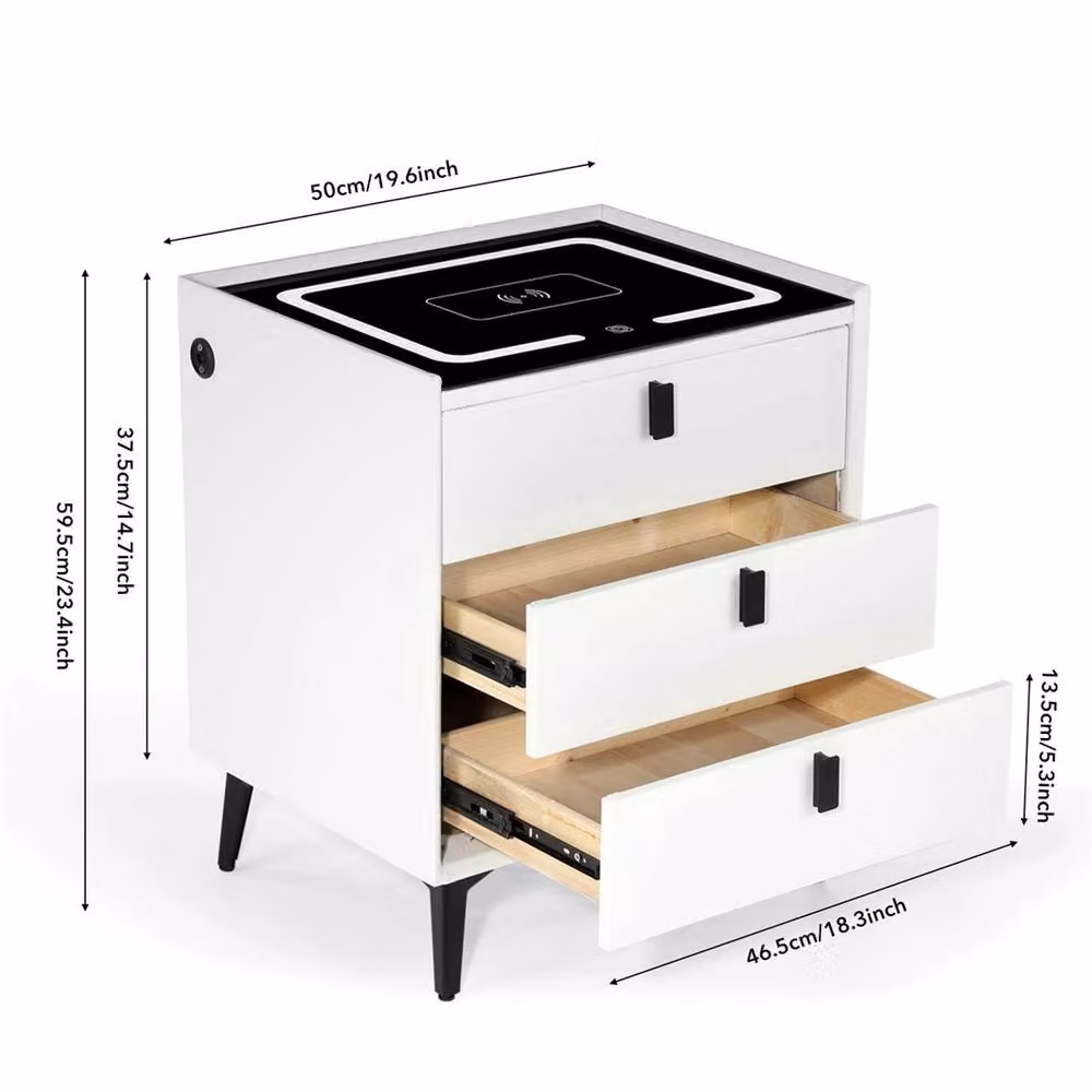 SPETLEK Modern White Glossy Bedside Table with Integrated LED Lighting and Wireless Charging – 2