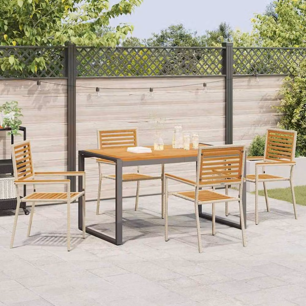 Berkfield Home 5 Piece Beige Poly Rattan Garden Dining Set with Acacia Wood Table – 3