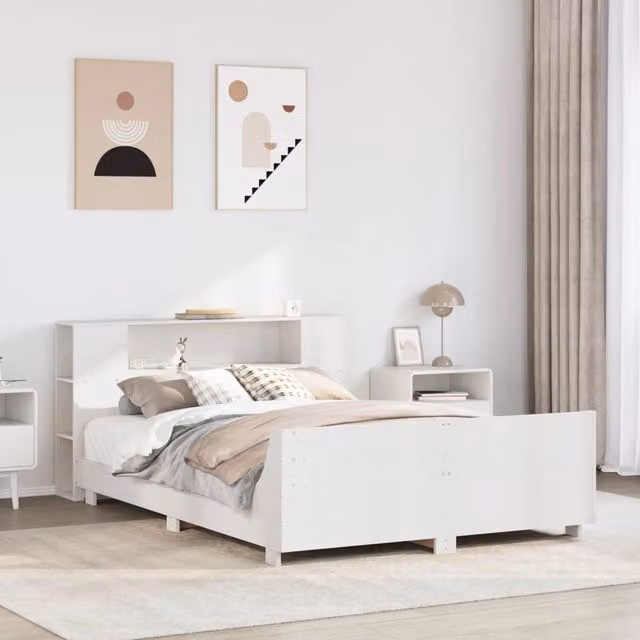 Berkfield Home Rustic White Solid Wood Pine Bed Frame with Side Compartments, W/D/H: 150 x 200 cm
