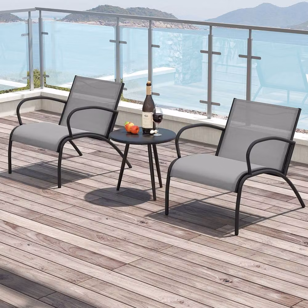 Gymax 3 Piece Metal Patio Furniture Set with Round Coffee Table and Wide Armchairs in Grey – 6