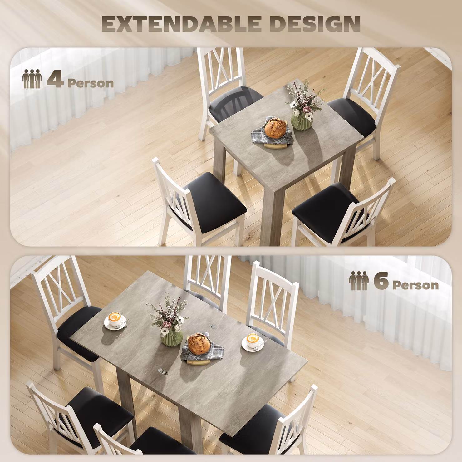 HOMCOM Grey Extendable Folding Dining Table for 4-6 People, Rectangular Drop Leaf Design, W/D/H: 140 x 80 x 77.5 cm – 3