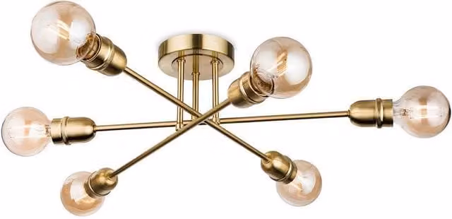 Netlighting Trident 6 Light Multi Arm Semi Flush Ceiling Light in Brushed Brass and Gold with E27 Bulbs