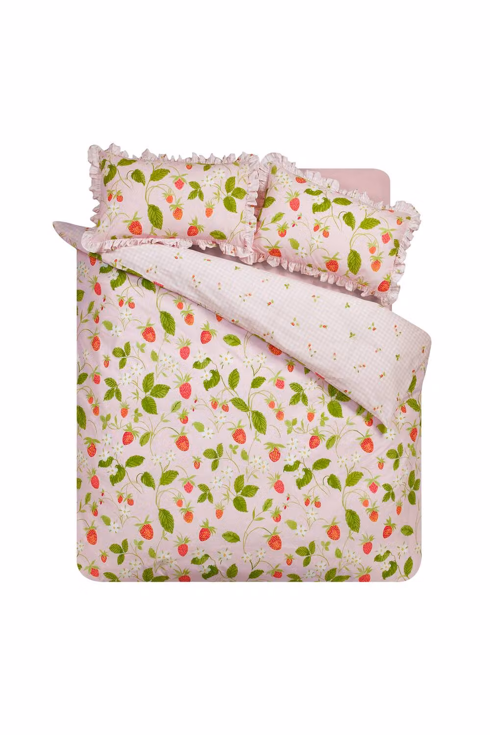 Catherine Lansfield Strawberry Frills Gingham Reversible King Duvet Cover and Pillowcase Set in Pink – 2