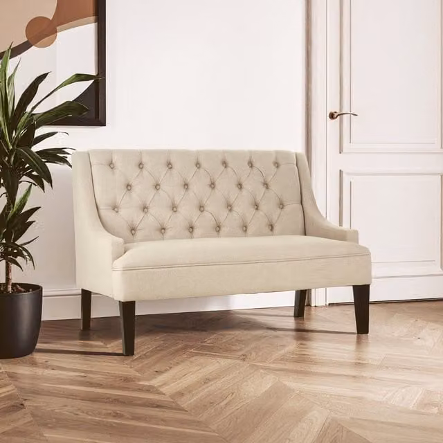 Fifty Five South Doucet High Back Bench in Beige Fabric with Rubberwood Frame