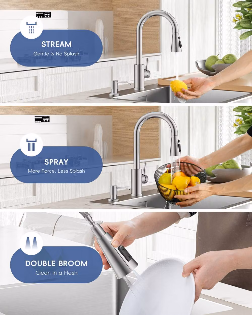 Dayone Sleek Kitchen Mixer Tap with Pull Out Spray in Brushed Steel Silver – 3