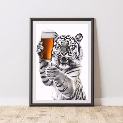 60 Second Makeover Funny Tiger Drinking Beer Paper Poster, A4