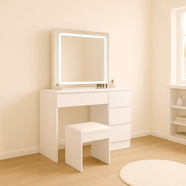 KOSY KOALA Modern Dressing Table with LED Mirror and Stool in White – 1