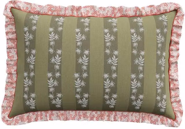 Sanderson Chestnut Tree Stripe Frill Square Cotton Cushion in Green Mix