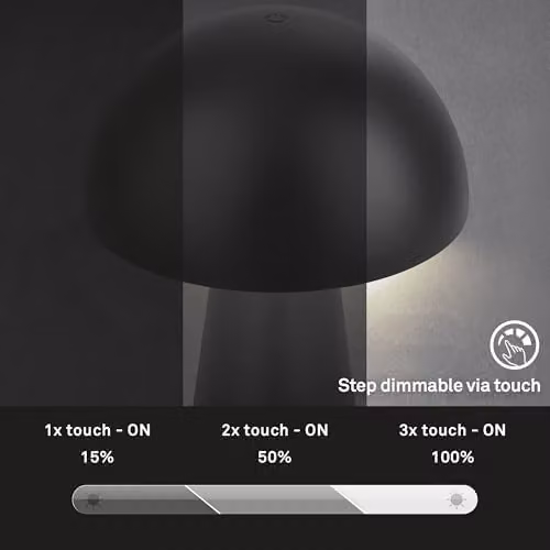 Briloner Rechargeable LED Mushroom Table Lamp, Dimmable Touch Control Wireless Night Light, Matt Black, W/D/H: 28 x 16 x 16 cm – 10