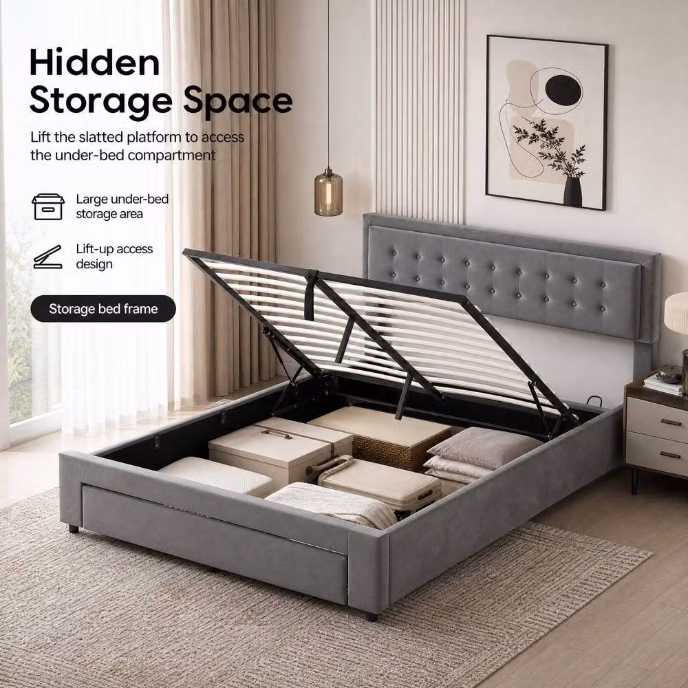 STILVORA Modern Upholstered King Size Bed with Storage in Grey Velvet, W/D/H: 150 x 200 cm – 3