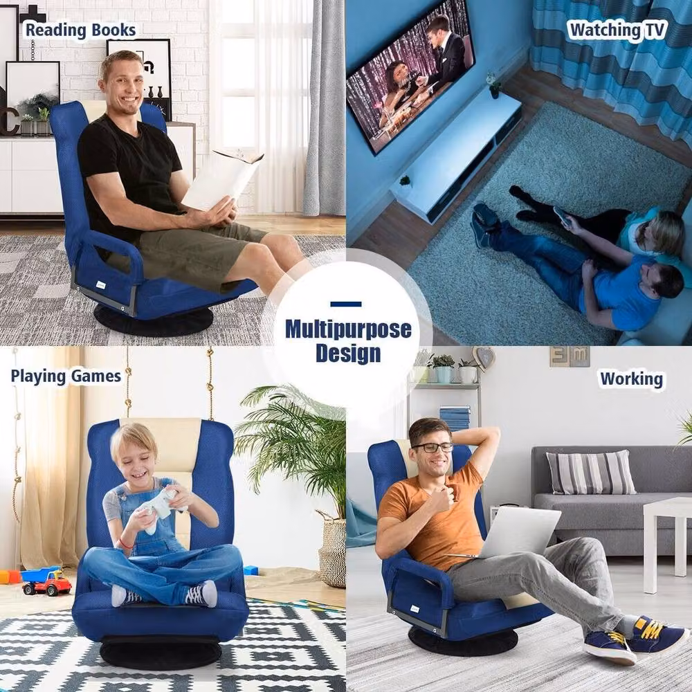 Costway Swivel Folding Floor Gaming Chair with 6-Position Adjustment in Navy Blue – 6