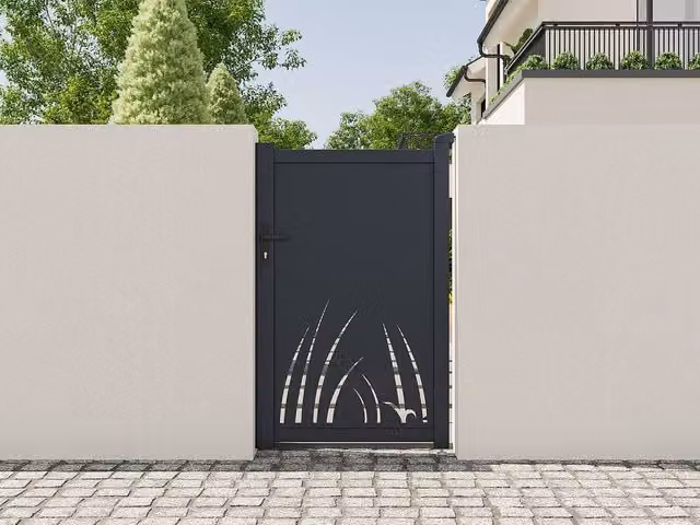 Vente-unique Aluminium Swing Gate with Laser-Cut Botanical Pattern in Dark Grey, W103 x H166 cm