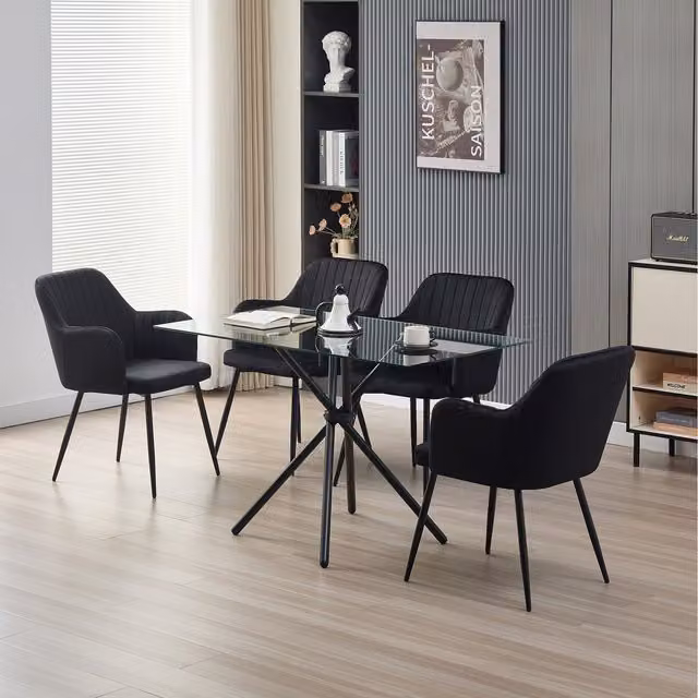 Madefor.living Miami Rectangular Glass Dining Table with 4 Charlotte Black Velvet Chairs