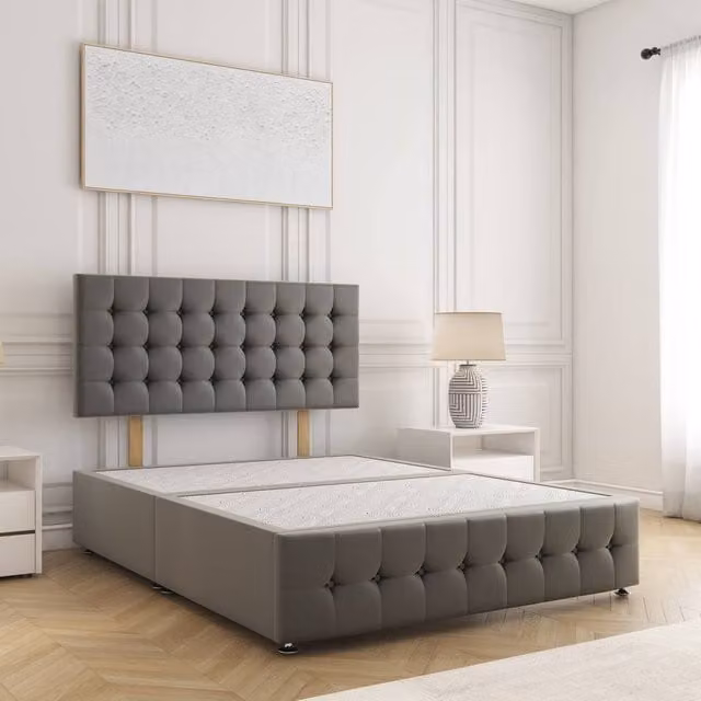 BSSPOKE Eva Double Divan Bed Set with 24 inch Headboard in Grey Plush Velvet